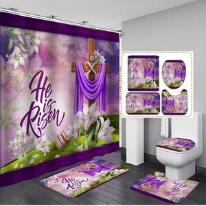 4 Pcs Shower Curtain Sets  (Purple,He is Risen)